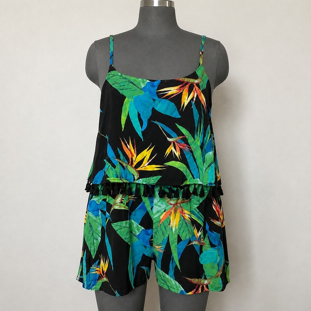 Tropical Botanical Palm Print Romper Resort Vacation Beach Boho Chic